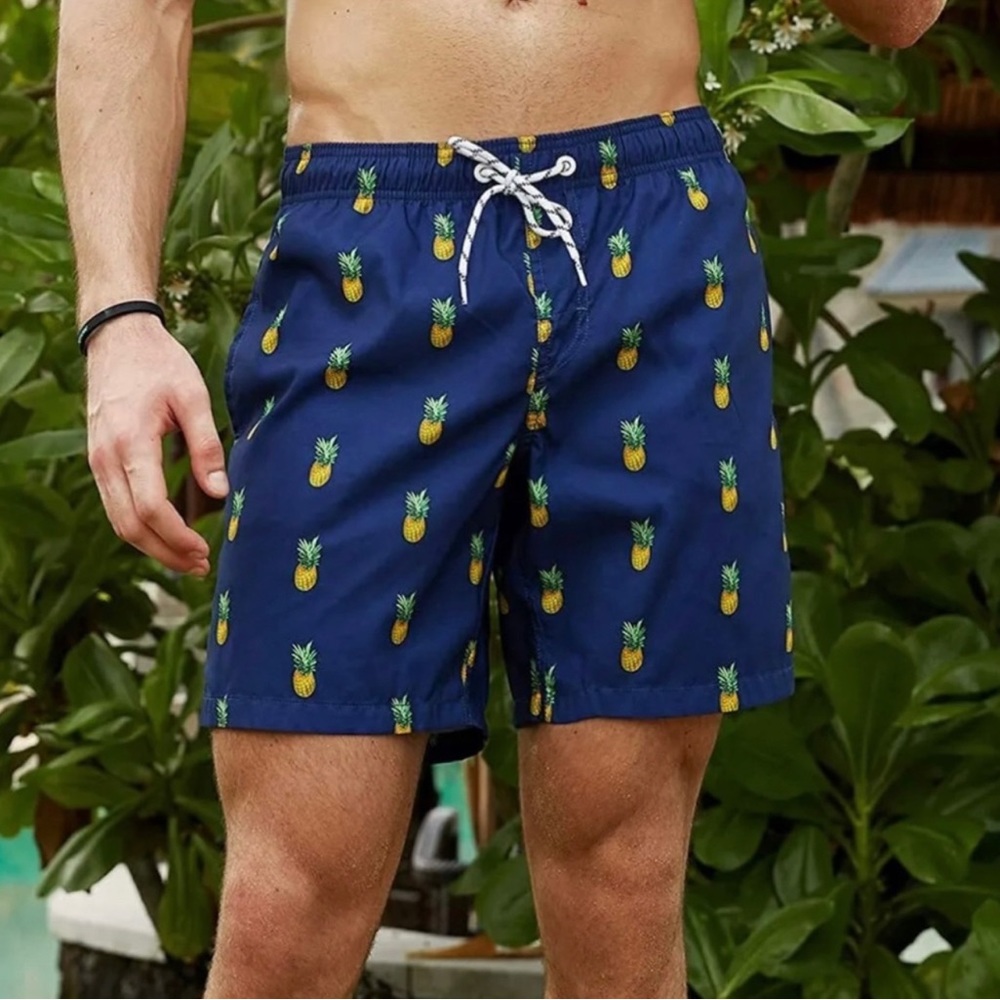 Maamgic Quick Dry All Over Pineapple Print‎ Swim Trunks Blue Medium Mesh Liner